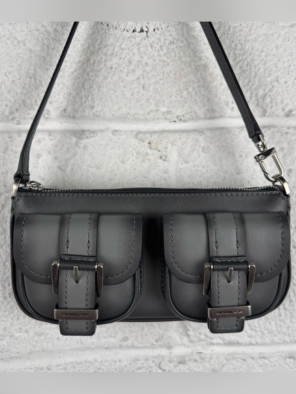 Michael Kors Black Leather Pocket Baguette Shoulder Bag Y2K Cargo Mini Purse - Picture 2 of 9